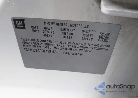 2013 Chevrolet Malibu 1Lz z USA, uszkodzony, nr VIN 1G11H5SA9DF188156